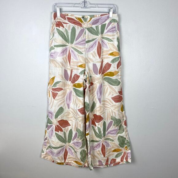 Nicole Miller Linen Floral Wide Leg Pants Cropped Breathable Vacation Medium - Picture 1 of 11